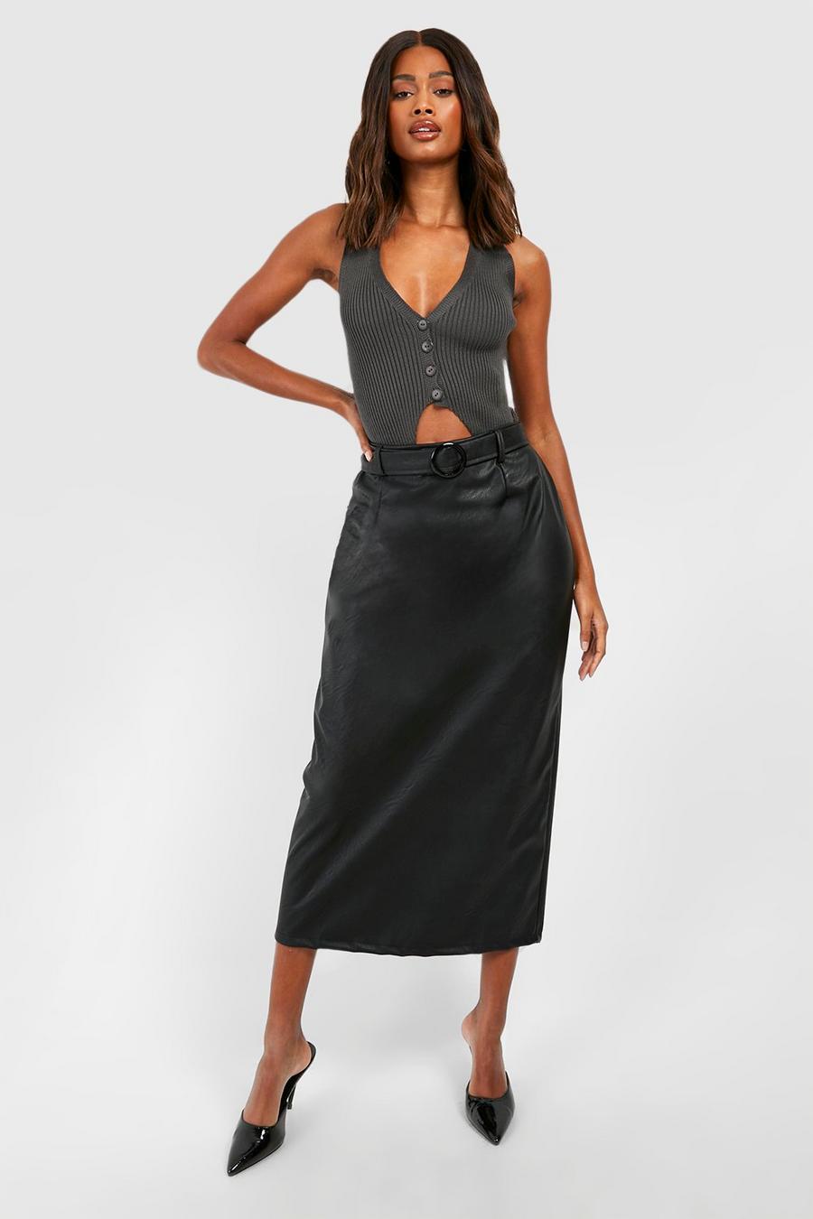 Black Belted Pu Midi Skirt image number 1