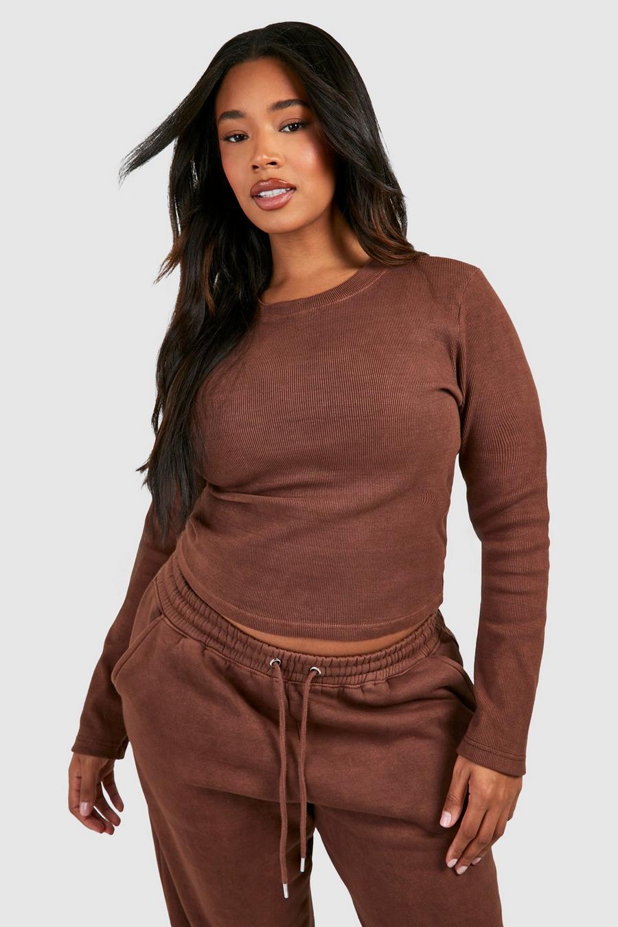 Chocolate Plus Washed Long Sleeve Crew Neck Rib Top