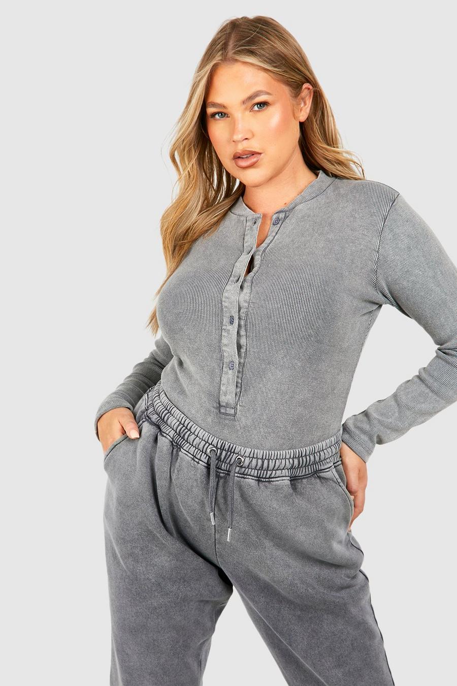 Charcoal Plus Washed Long Sleeve Button Down Bodysuit 