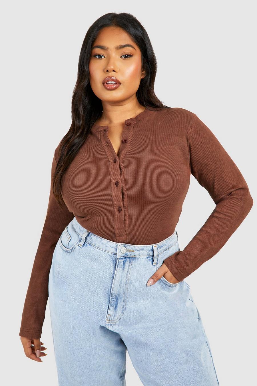 Chocolate Plus Washed Long Sleeve Button Down Bodysuit 