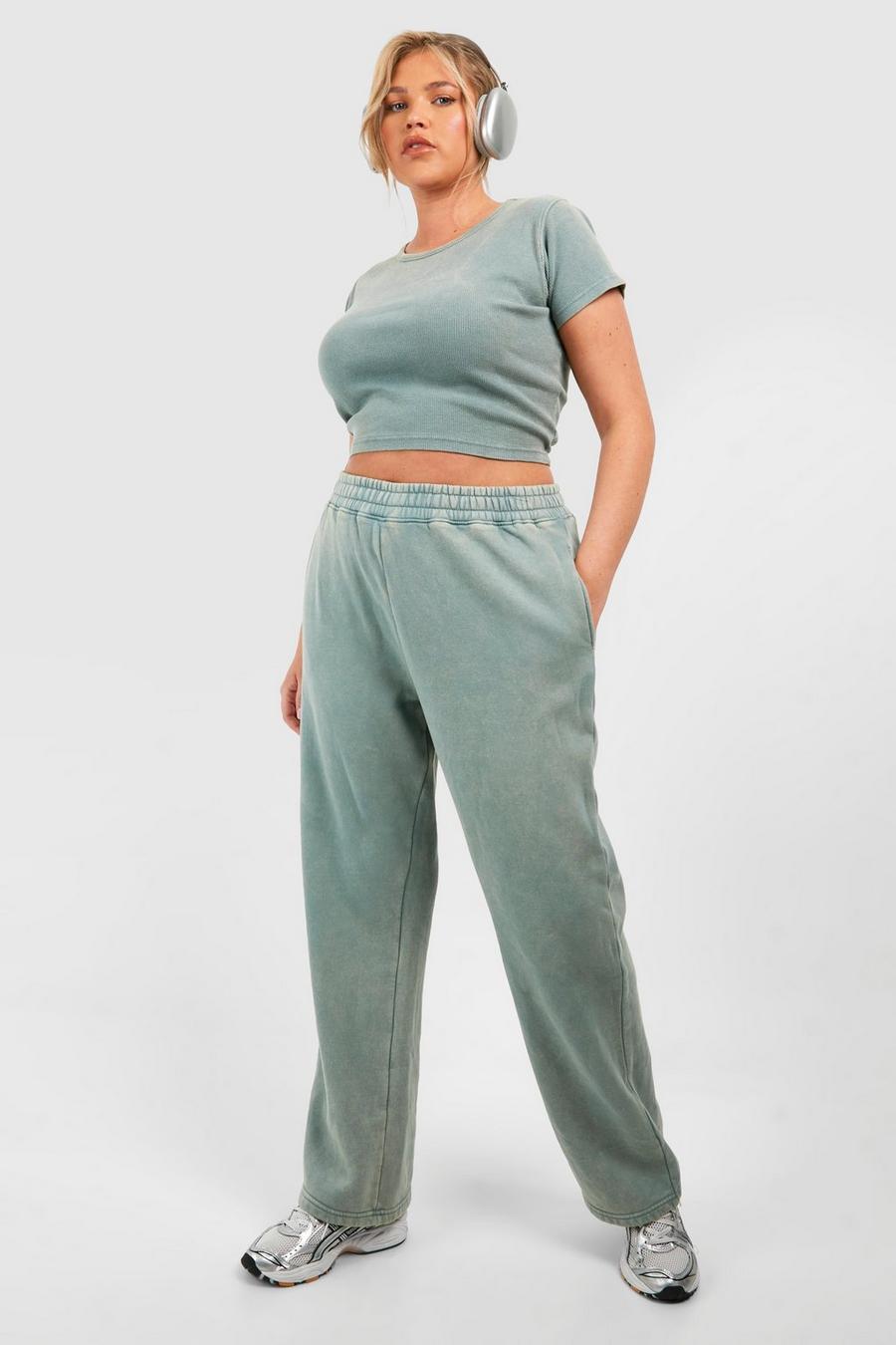 Pantaloni tuta dritti Plus Size slavati, Washed khaki