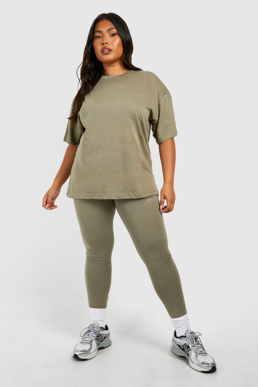 Set Plus Size T-shirt oversize in cotone & legging, Washed khaki