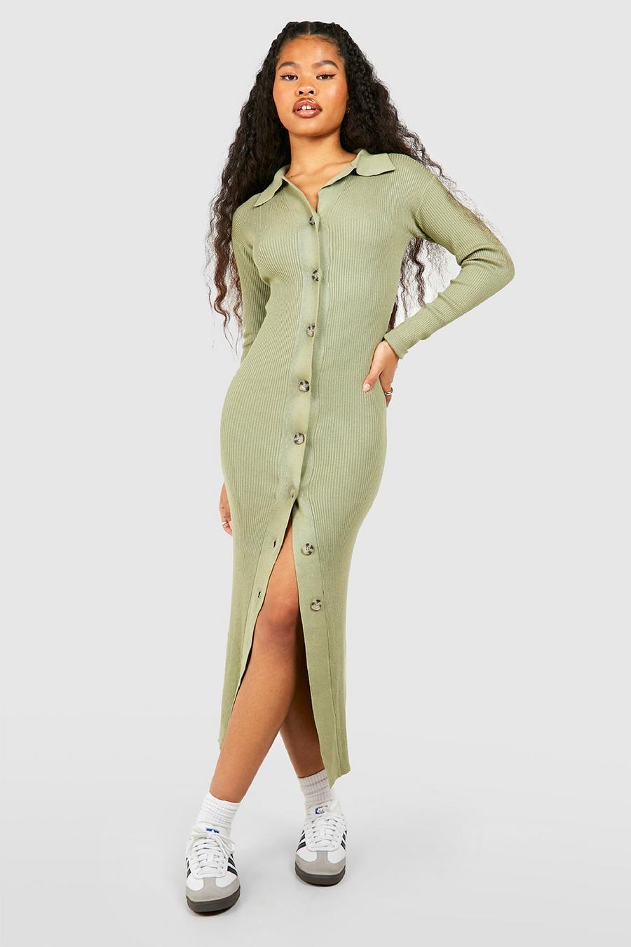 Washed khaki Petite Button Detail Collared Dress image number 1