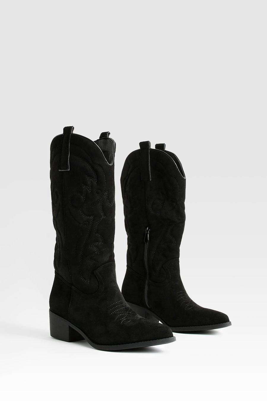 Black Embroidered Detail Cowboy Boots image number 1