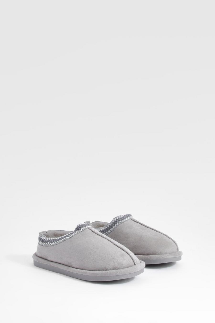 Grey Embroidered Slip On Cosy Mules  