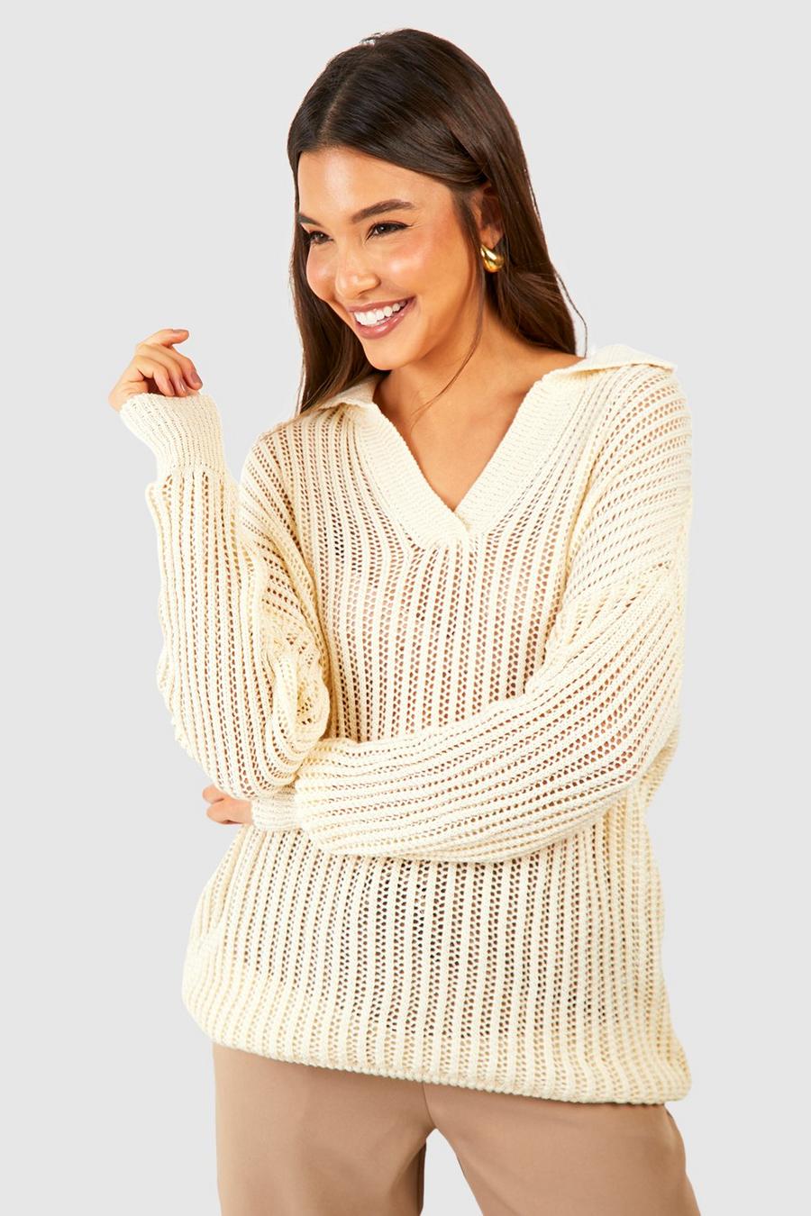 Ivory Oversized Crocher Sweater With Polo Collar