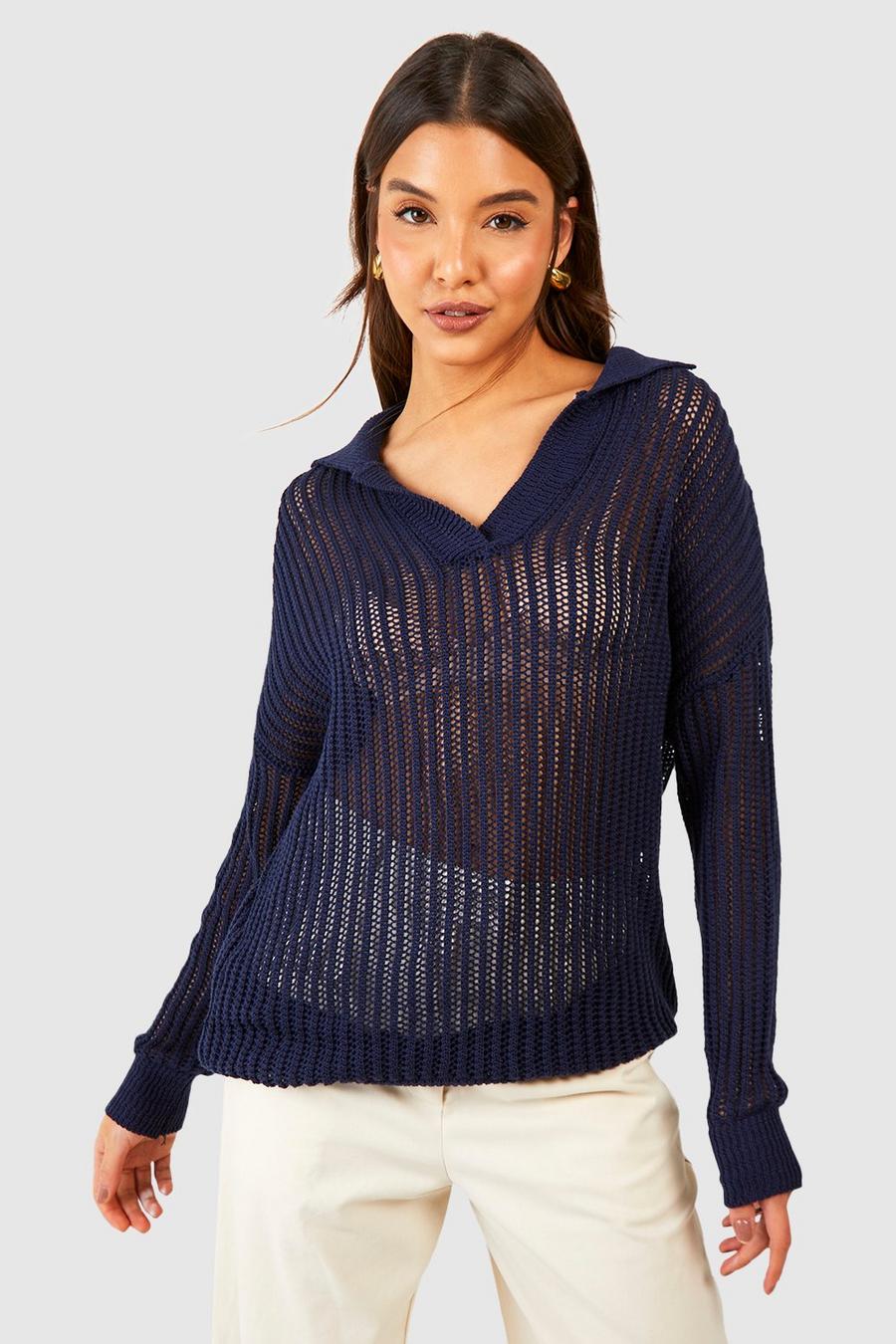 Navy Oversized Crochet Jumper With Polo Collar