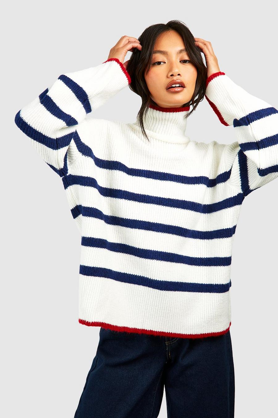 White Contrast Trim High Neck Stripe Sweater image number 1