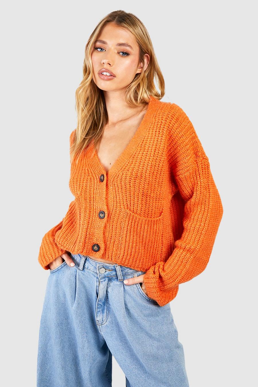 Orange 3 Button Slouchy Cardigan With Pockets image number 1