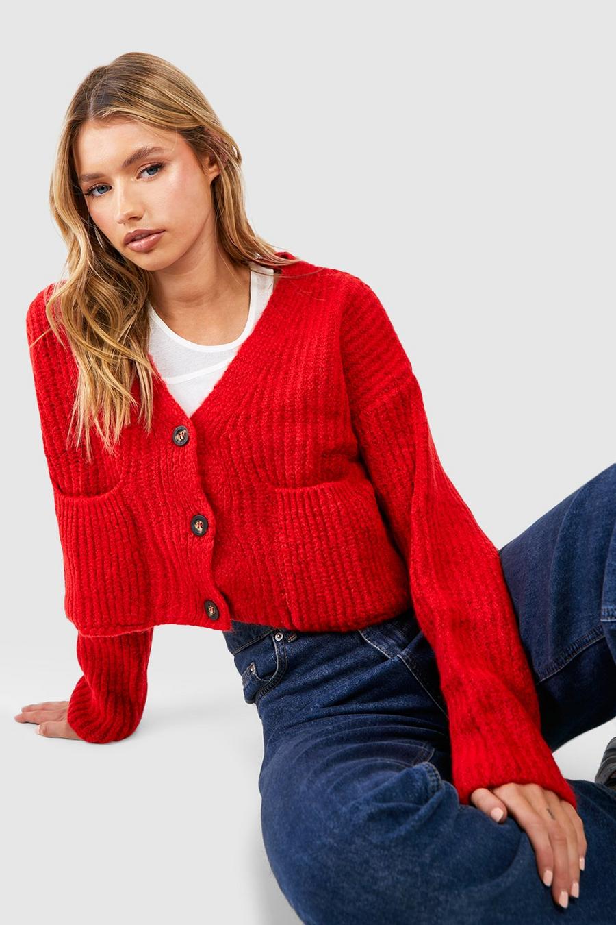 Red 3 Button Slouchy Cardigan With Pockets image number 1