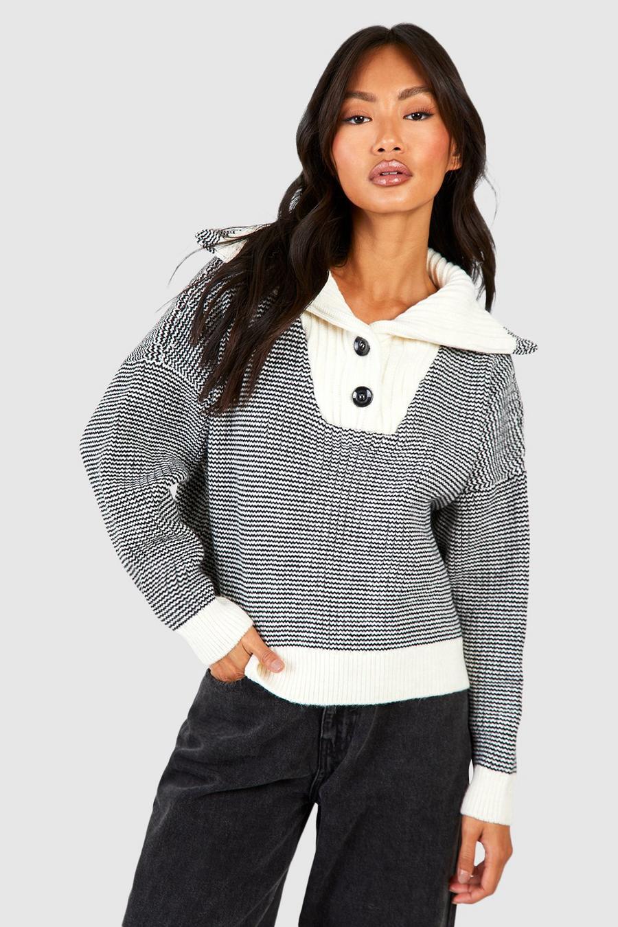 Ivory Chunky Boyfriend Sweater With Button Collar image number 1