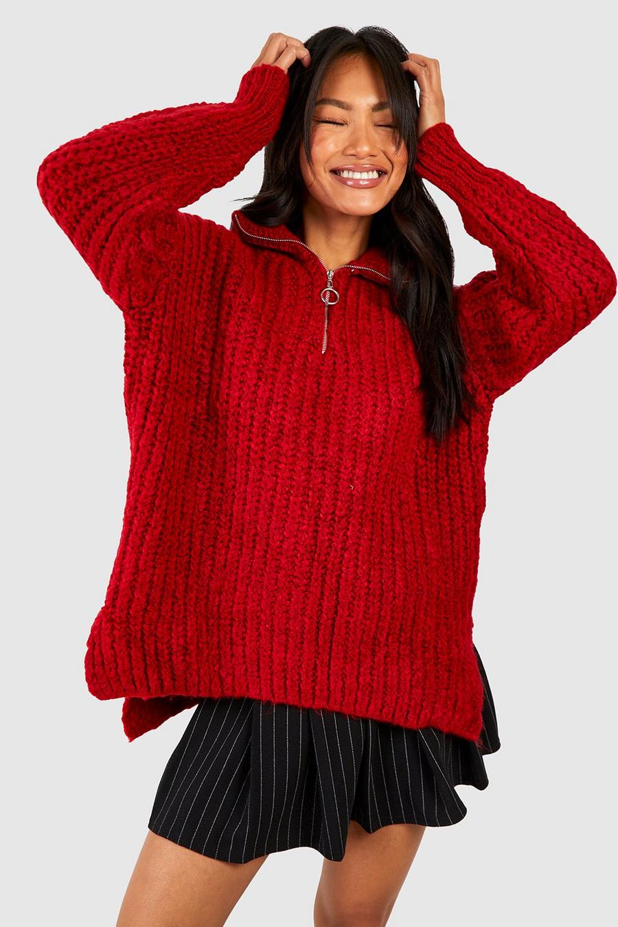 Maglione in maglia spessa con zip corta, Red