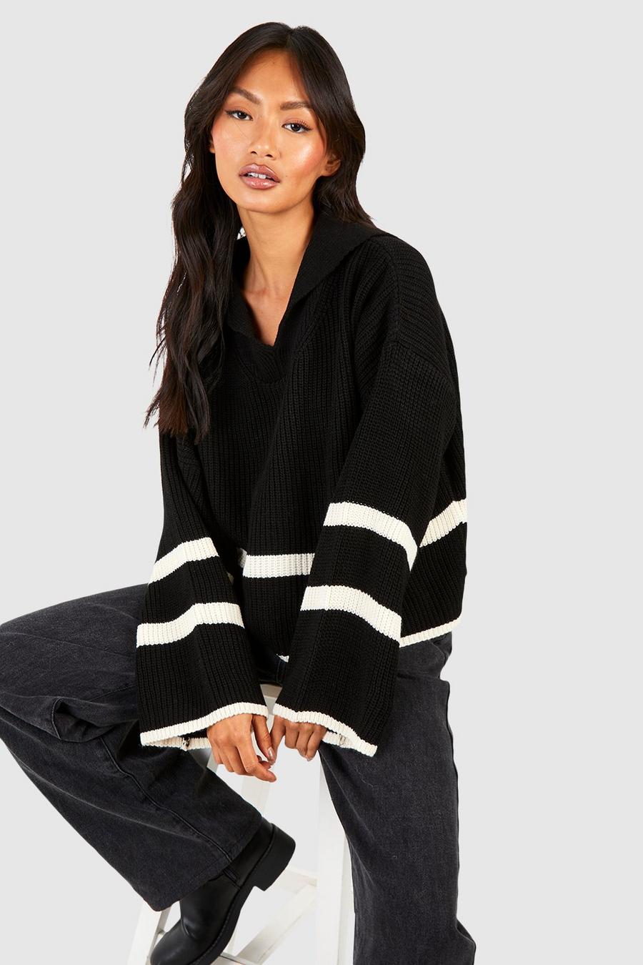 Black Stripe Trim Collared Sweater image number 1