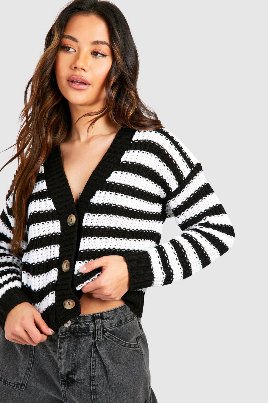 Black Skinny Stripe Button Through Crop Cardigan