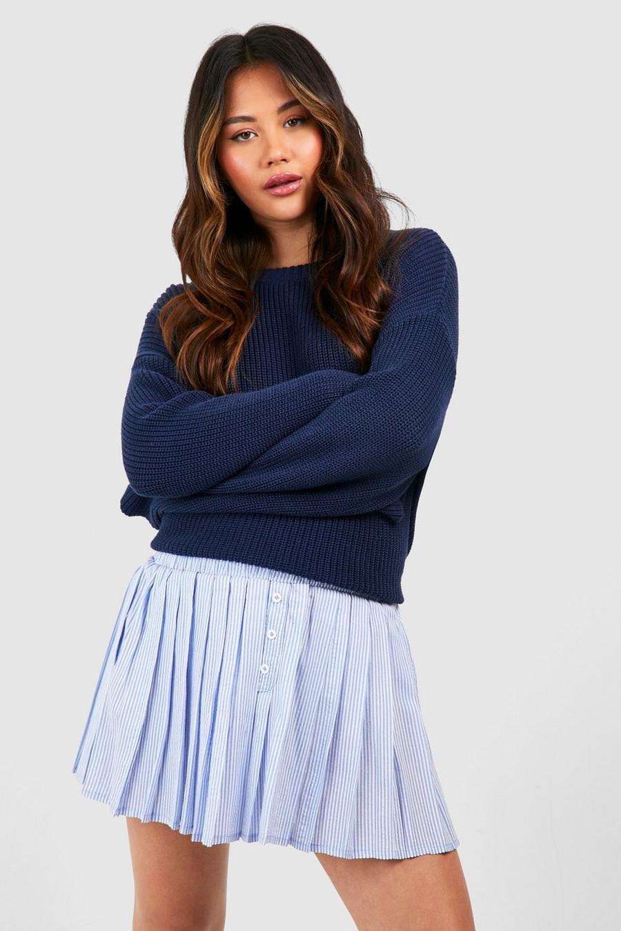 Blue Stripe Pleated Detail Mini Skirt