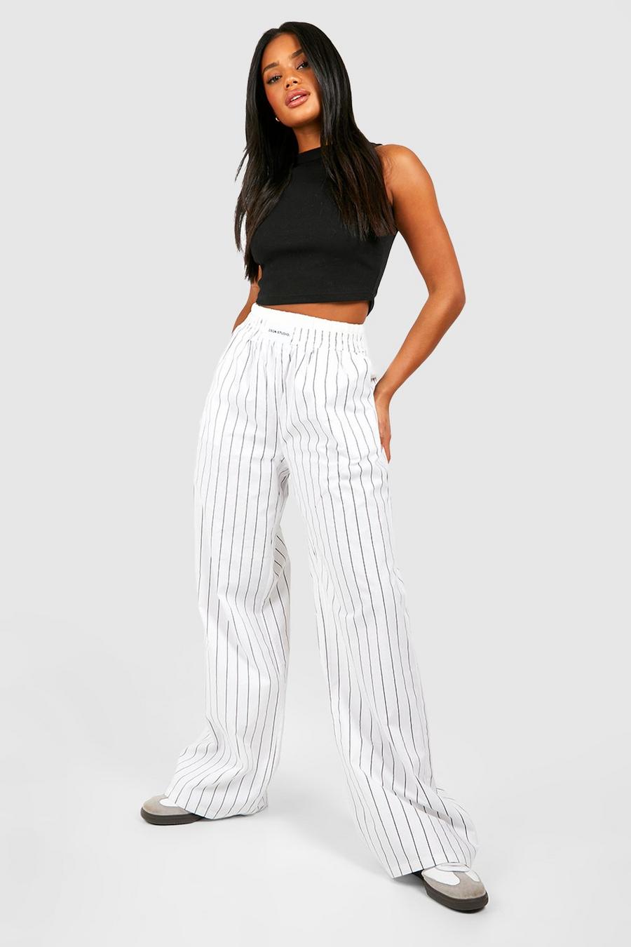 White Contrast Waistband Detail Stripe Trousers 