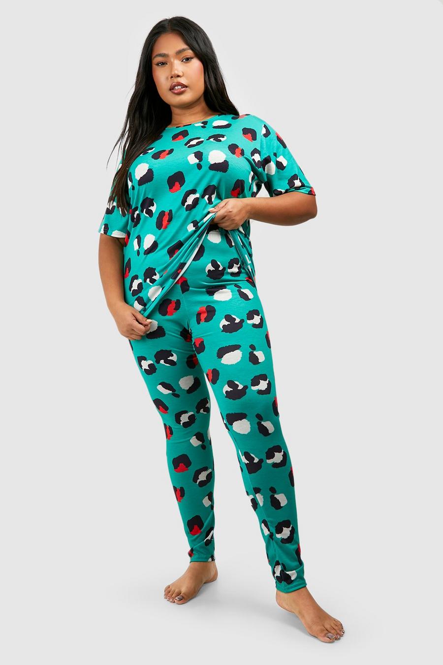 Pijama Plus de pantalón largo y camiseta con estampado de leopardo, Green
