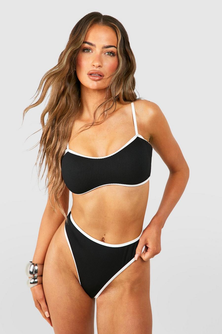 Black Ribbad bikinitrosa med kantband image number 1