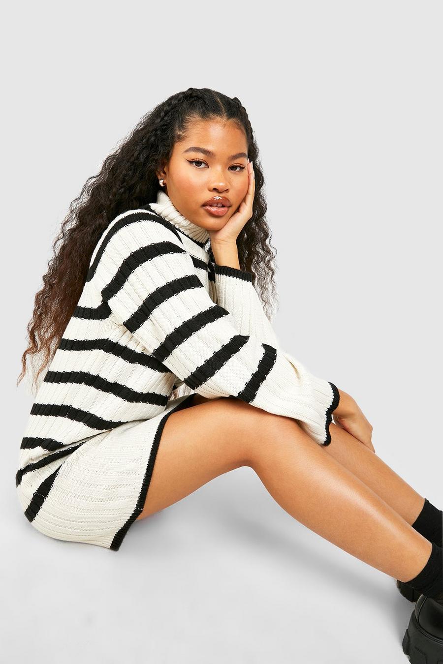 Ecru Petite Turtleneck Wide Sleeve Stripe Sweater Dress