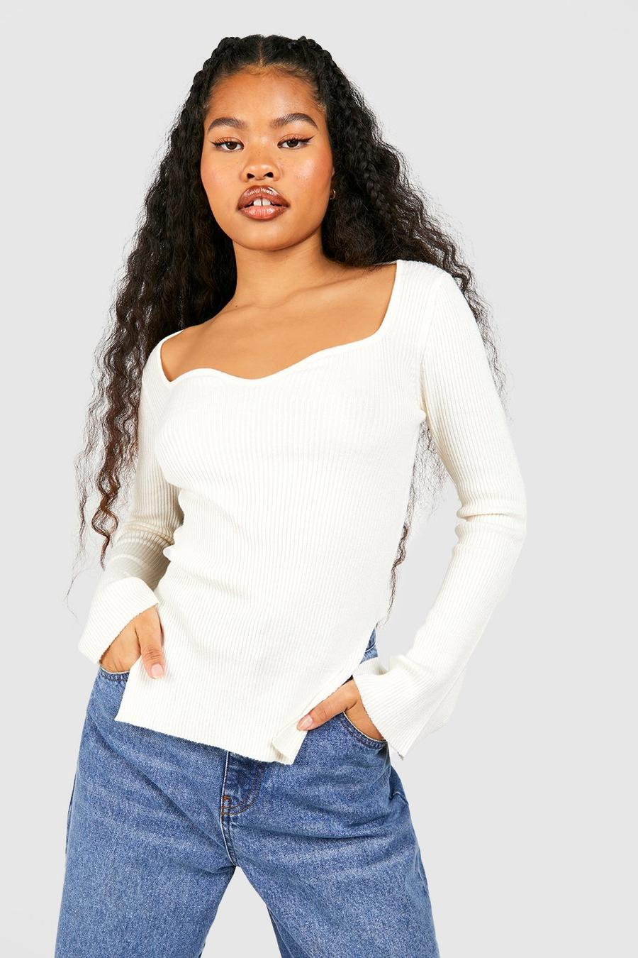 Ecru Petite Sweetheart Neckline Rib Knit Top