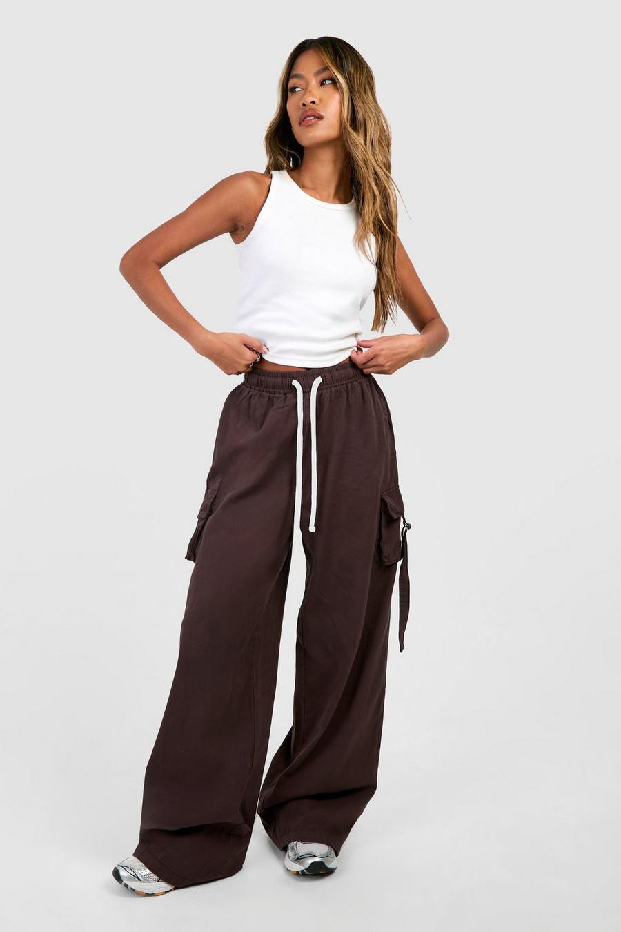 Chocolate Contrast Draw Cord Wide Leg Cargo Trouser 