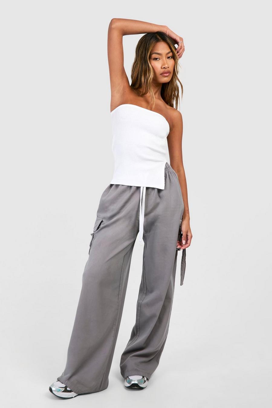 Pantalón cargo de pernera ancha con cordón elástico en contraste, Grey