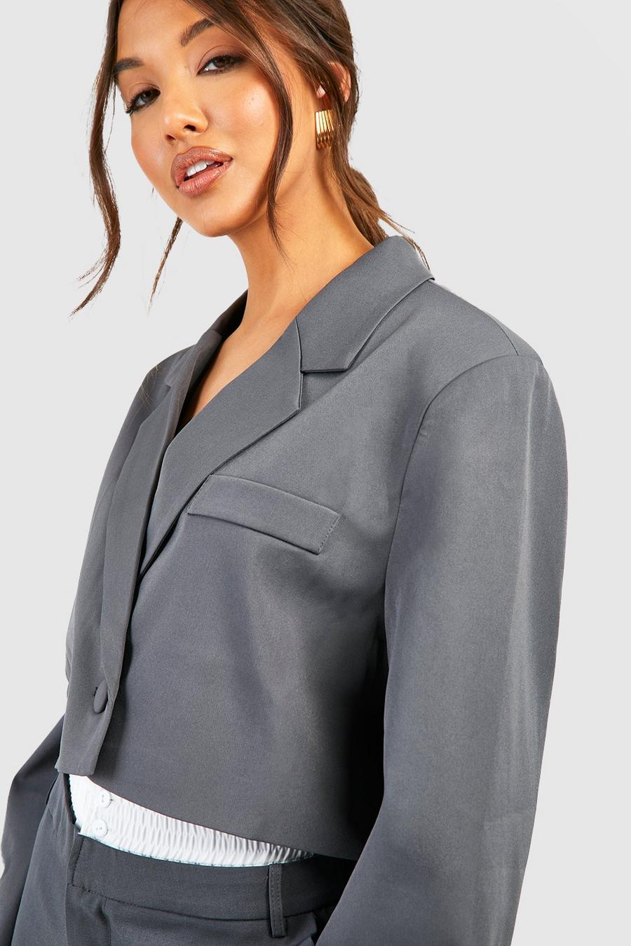 Charcoal Double Breasted Boxy Crop Blazer