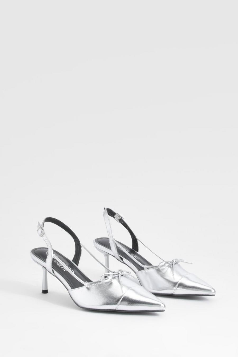 Silver Wide Fit Bow Detail Toe Cap Court Shoes