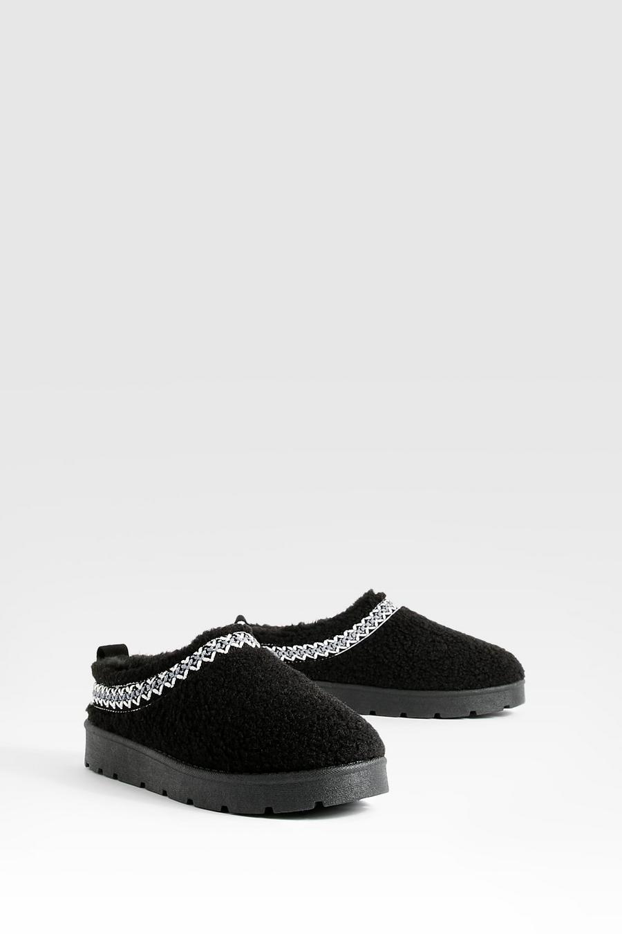 Black Embroidered Detailing Borg Slip On Cosy Mules           