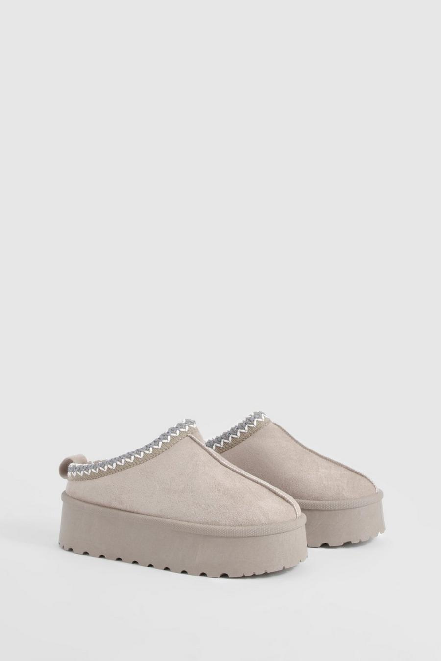 Taupe Embroidered Detailing Platform Slip On Cosy Mules          