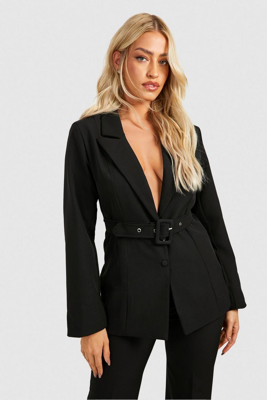 Black Self Fabric Belted Fitted Blazer