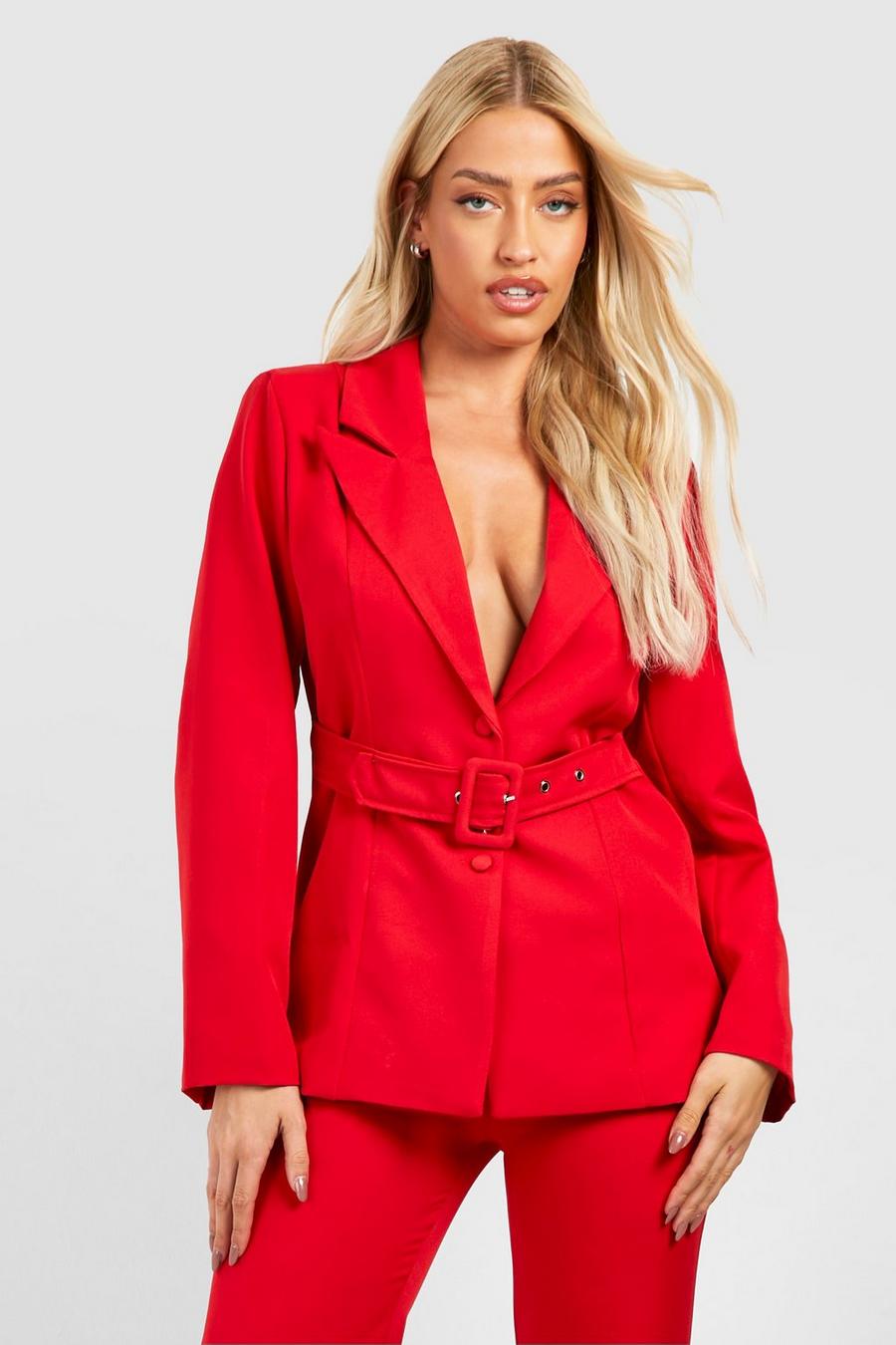 Red Self Fabric Belted Fitted Blazer image number 1