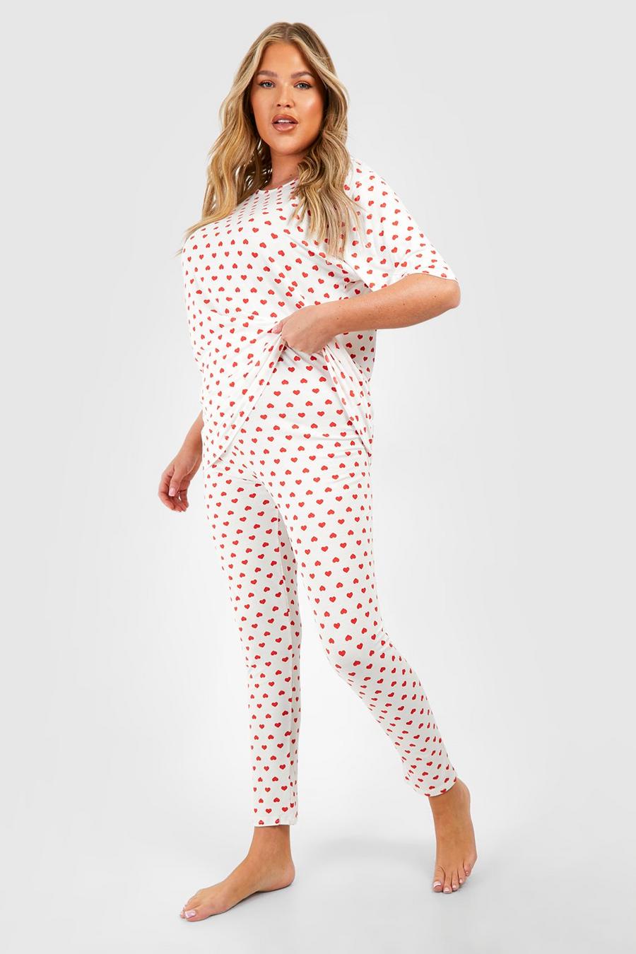 White Plus Jersey Hartjes Print Pyjama Set Met Top En Broek image number 1