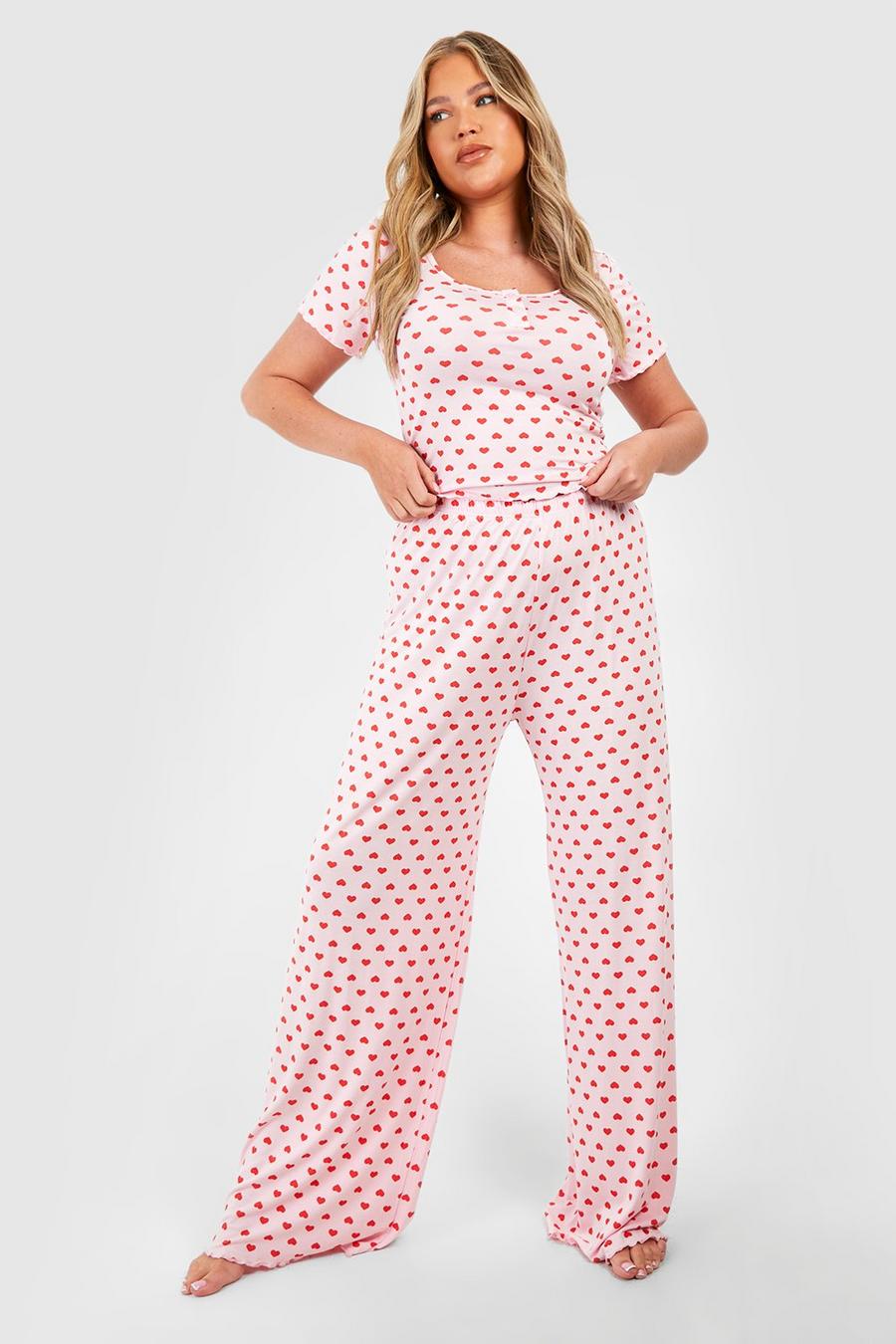 Pijama Plus de pantalón largo y top de tela jersey con estampado de corazones, Pink