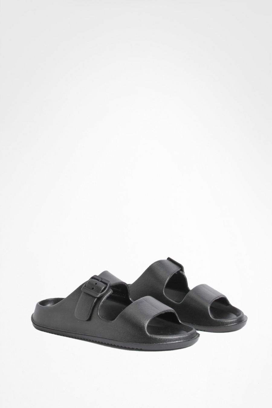 Black Double Strap Chunky Sliders image number 1