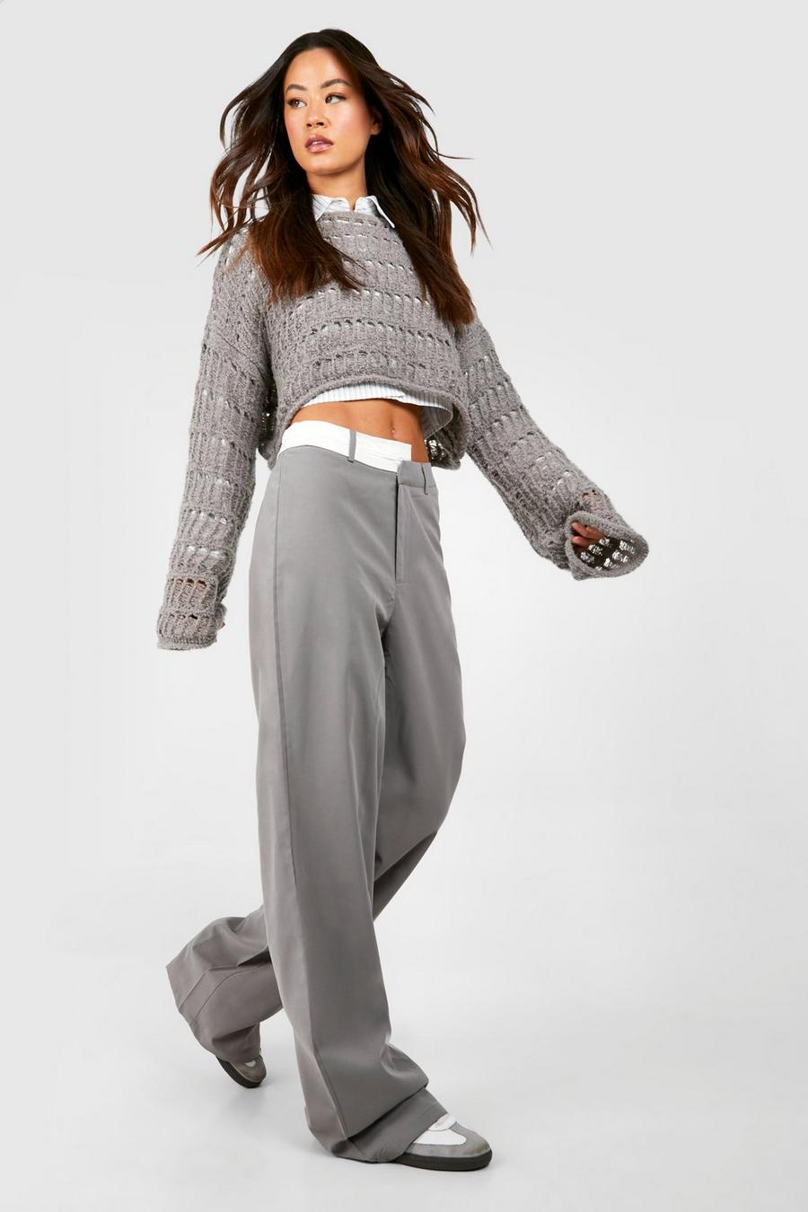 Grey Tall Woven Fold Over Waist Detail Trousers