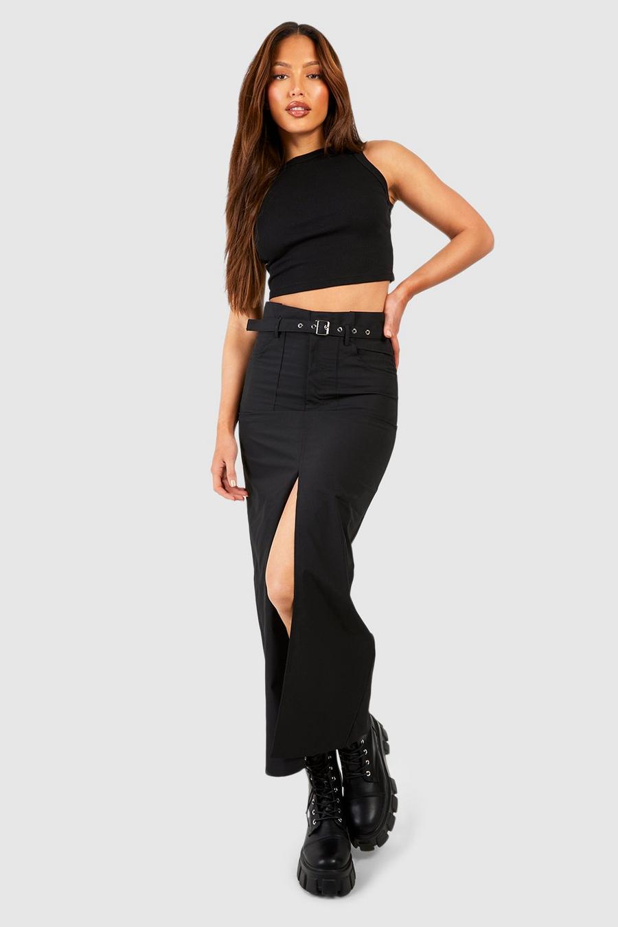 Black Tall Woven Eyelet Belted Maxi Skirt 