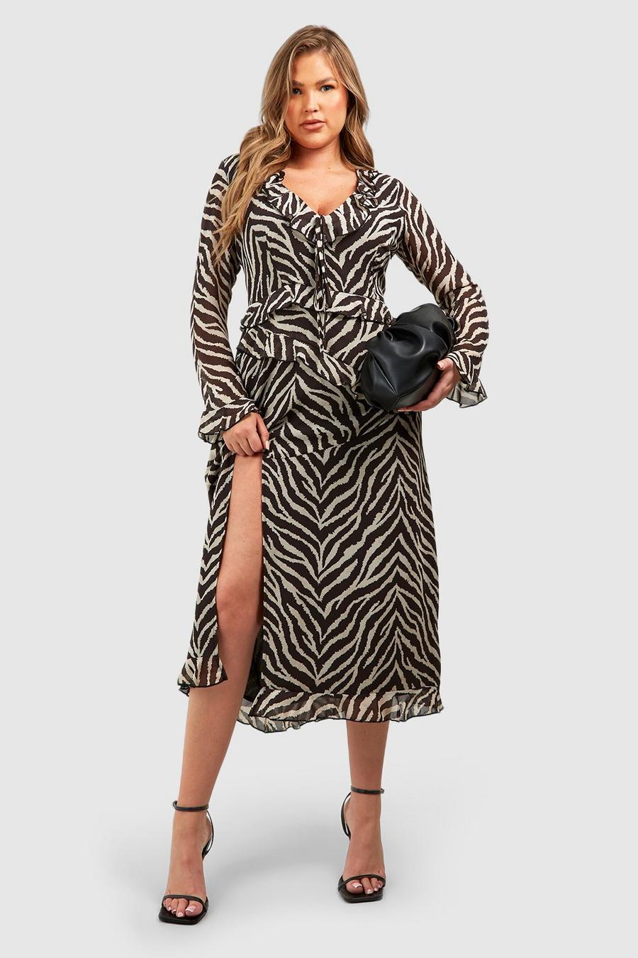 Vestito longuette Plus Size con stampa leopardata e arricciature, Brown image number 1