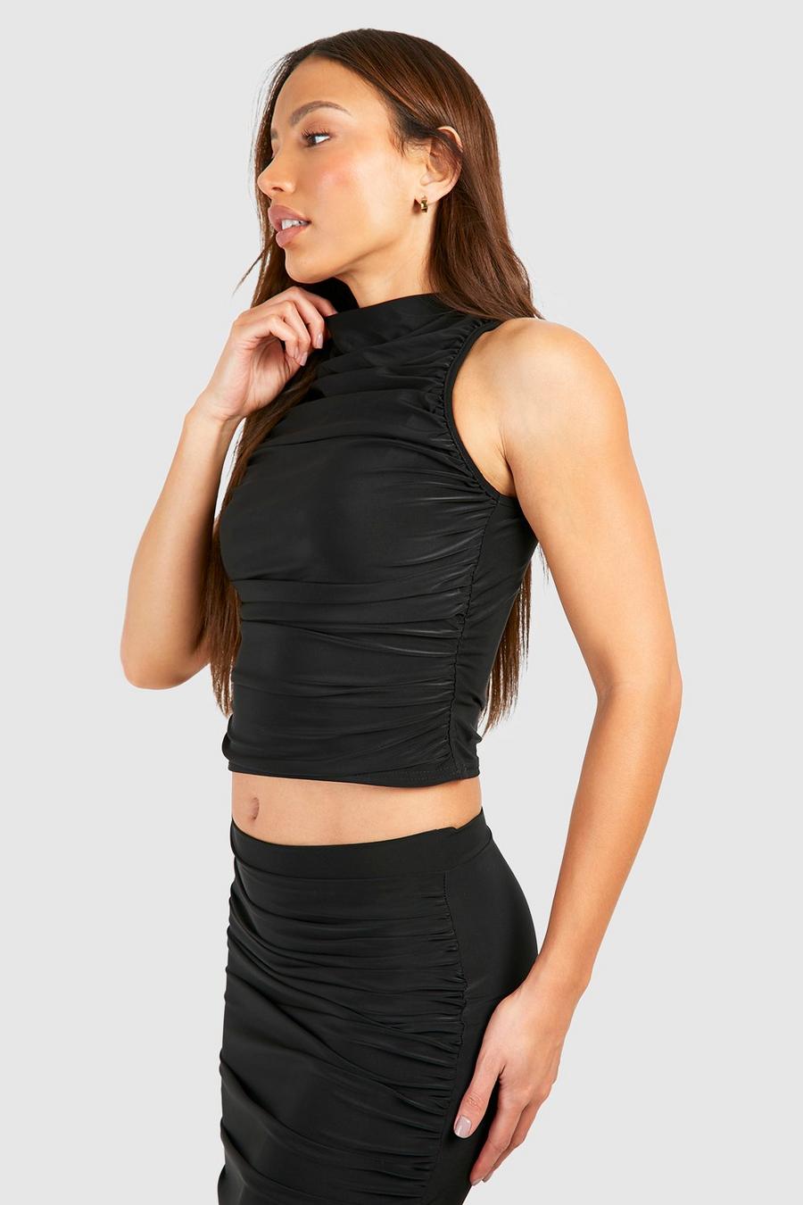 Black Tall Double Slinky Ruched Front Racer Top 