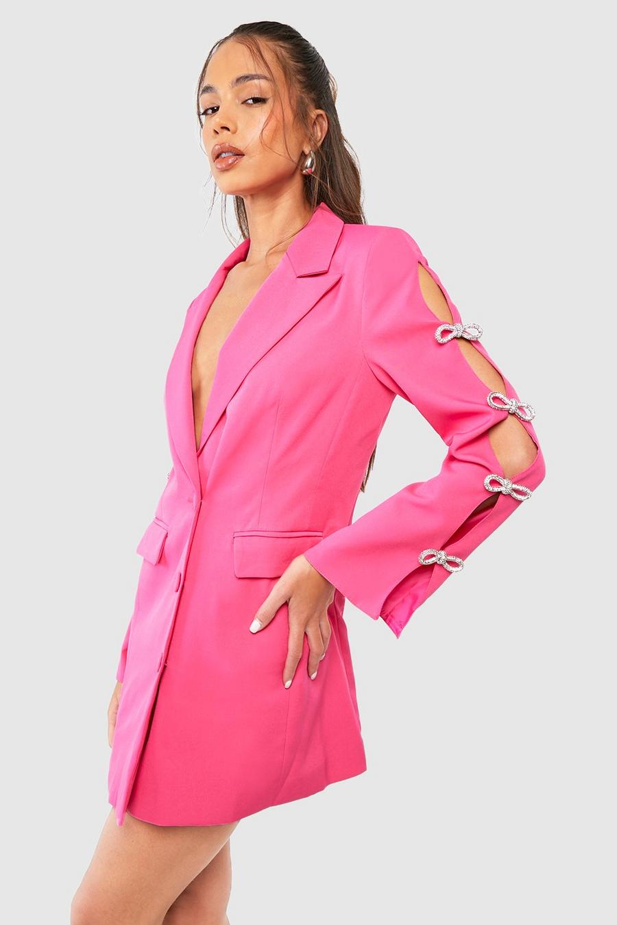 Pink Getailleerde Premium Blazer Jurk Met Steentjes En Strik Detail