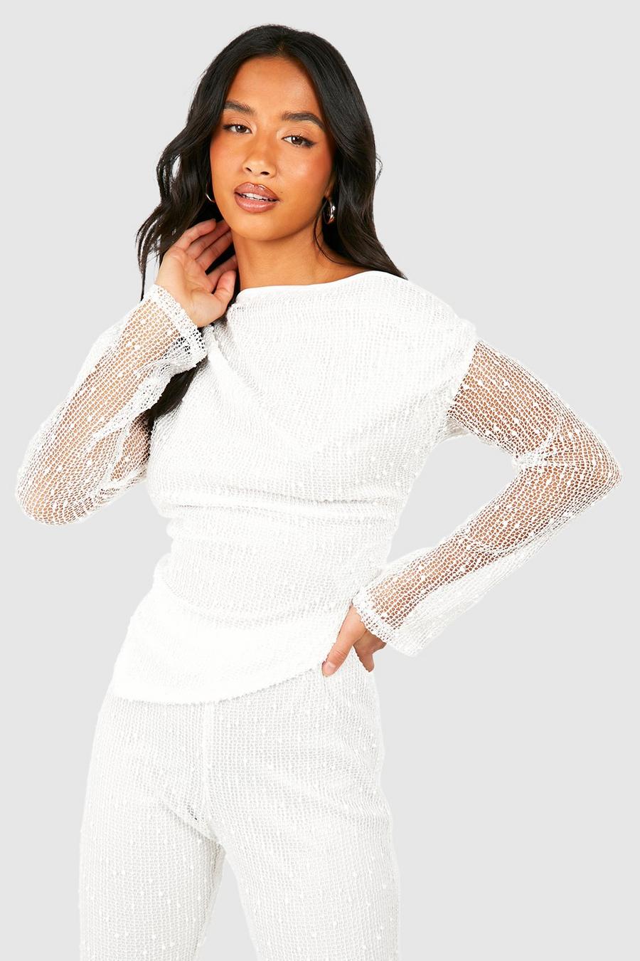 Petite - Top asymétrique drapé en maille texturée, White