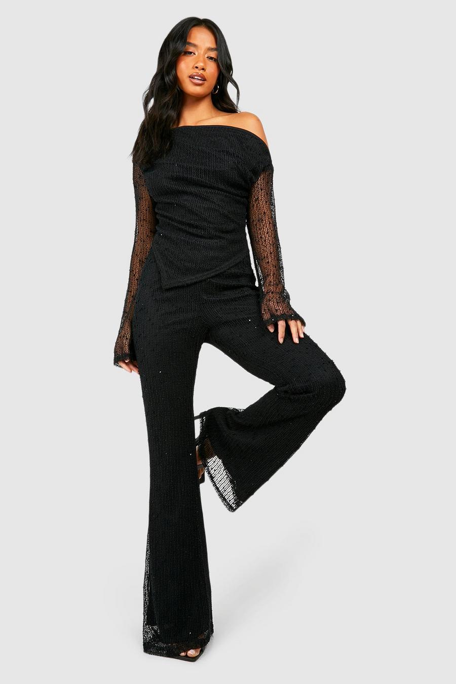 Black Petite Textured Knit Flare Trouser 