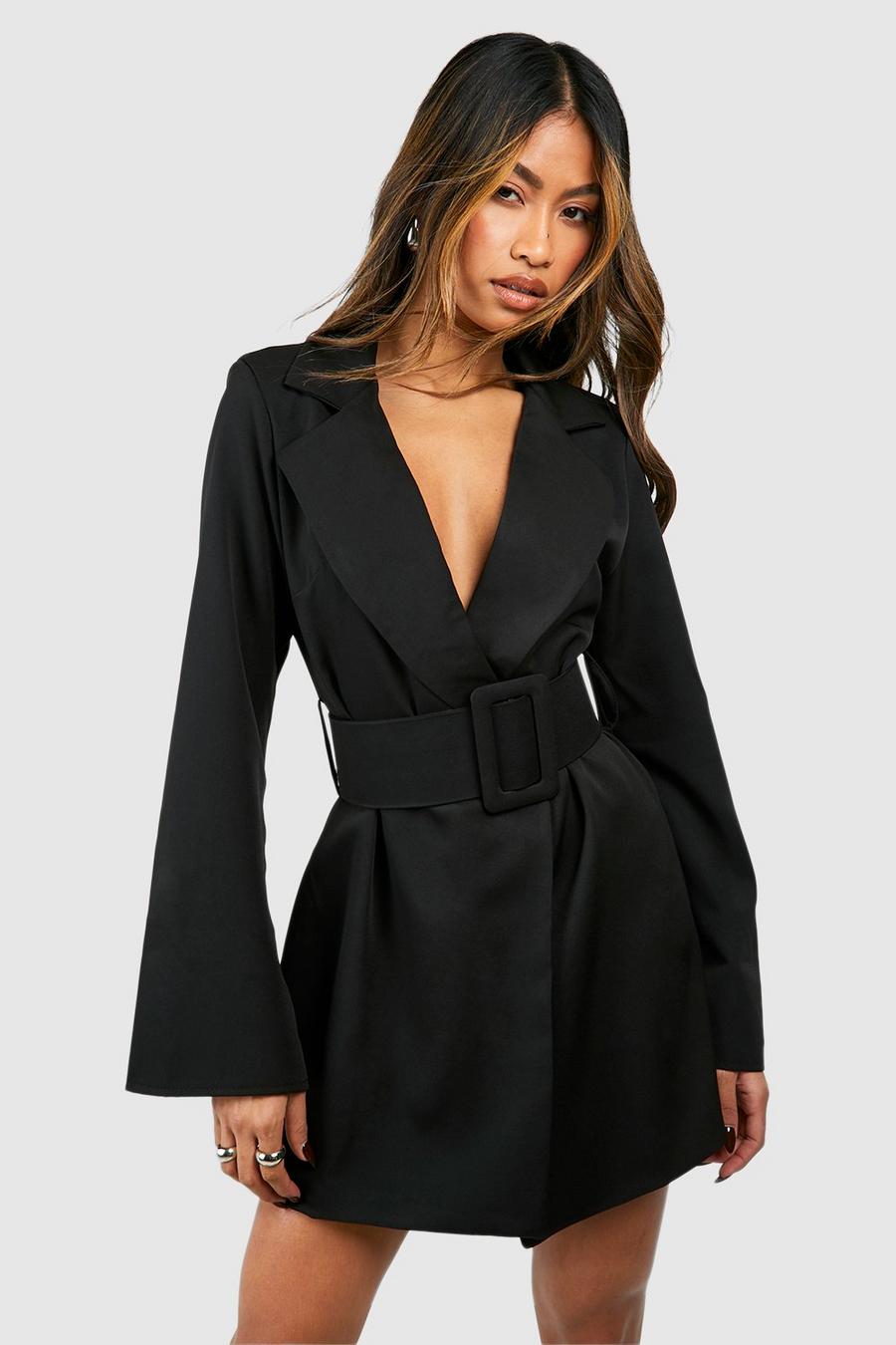Black Flared Sleeve Chunky Belt Blazer Dress