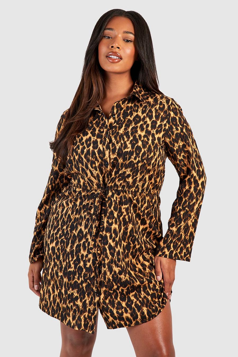 Vestido camisero Plus de leopardo con cordón elástico en la cintura, Leopard