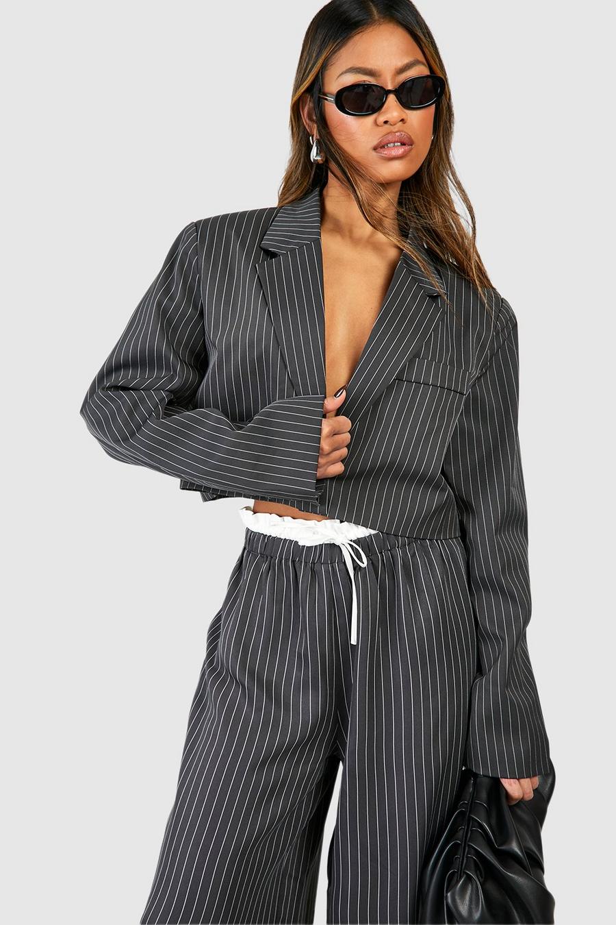 Charcoal Pinstripe Double Breasted Boxy Crop Blazer