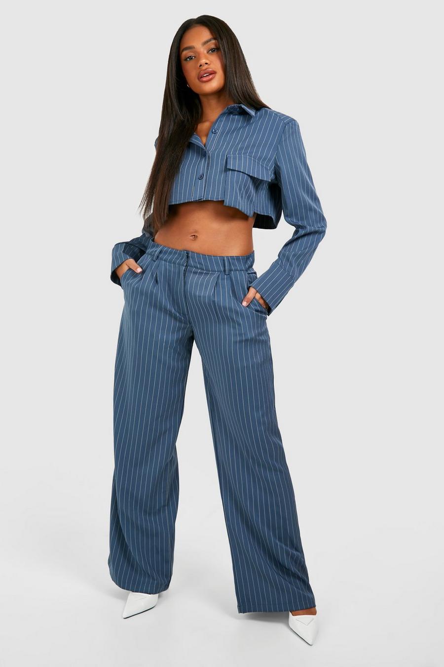 Slate blue Pinstripe Mid Rise Tailored Wide Leg Trousers