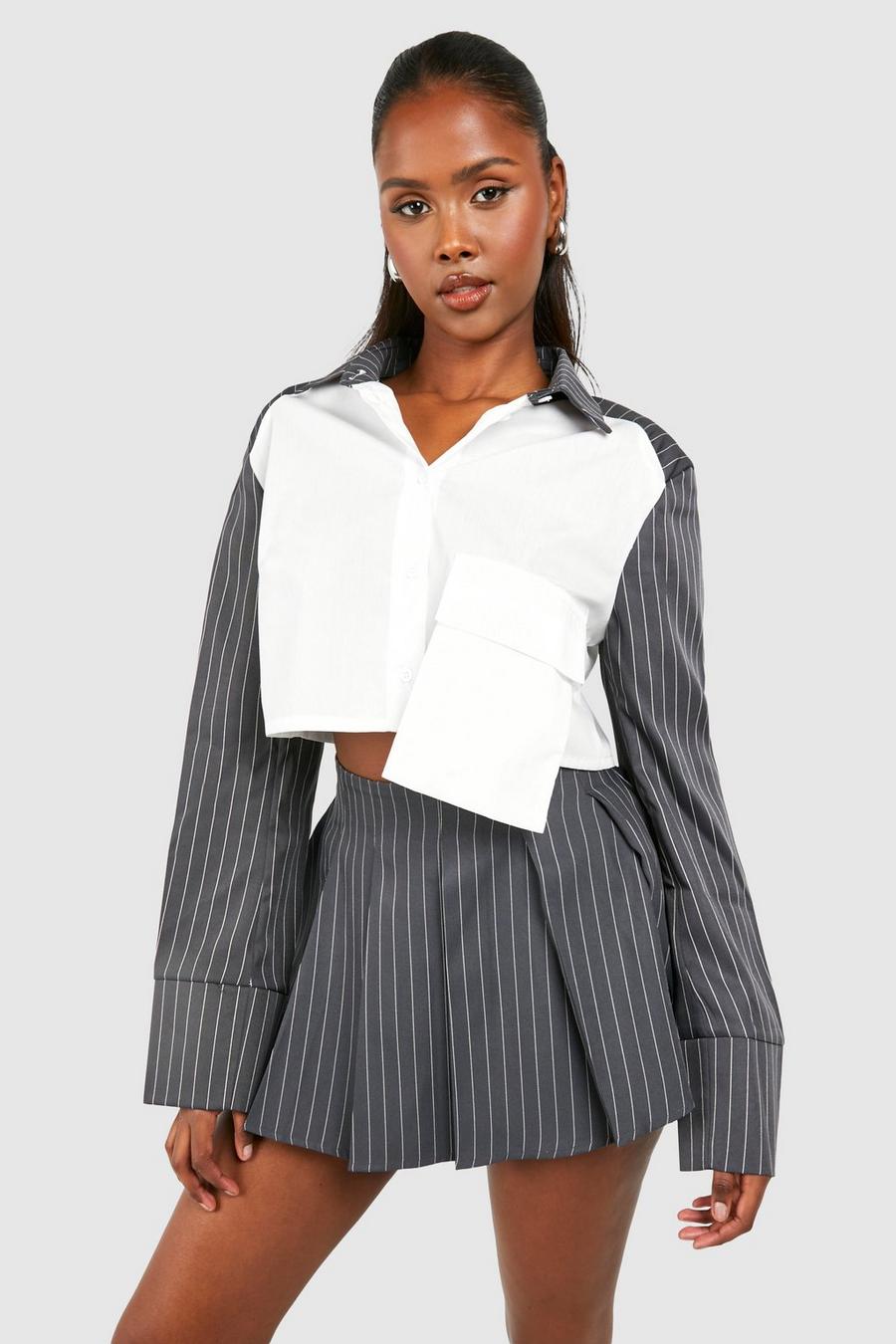Grey Contrast Sleeve Boxy Cropped Shirt image number 1