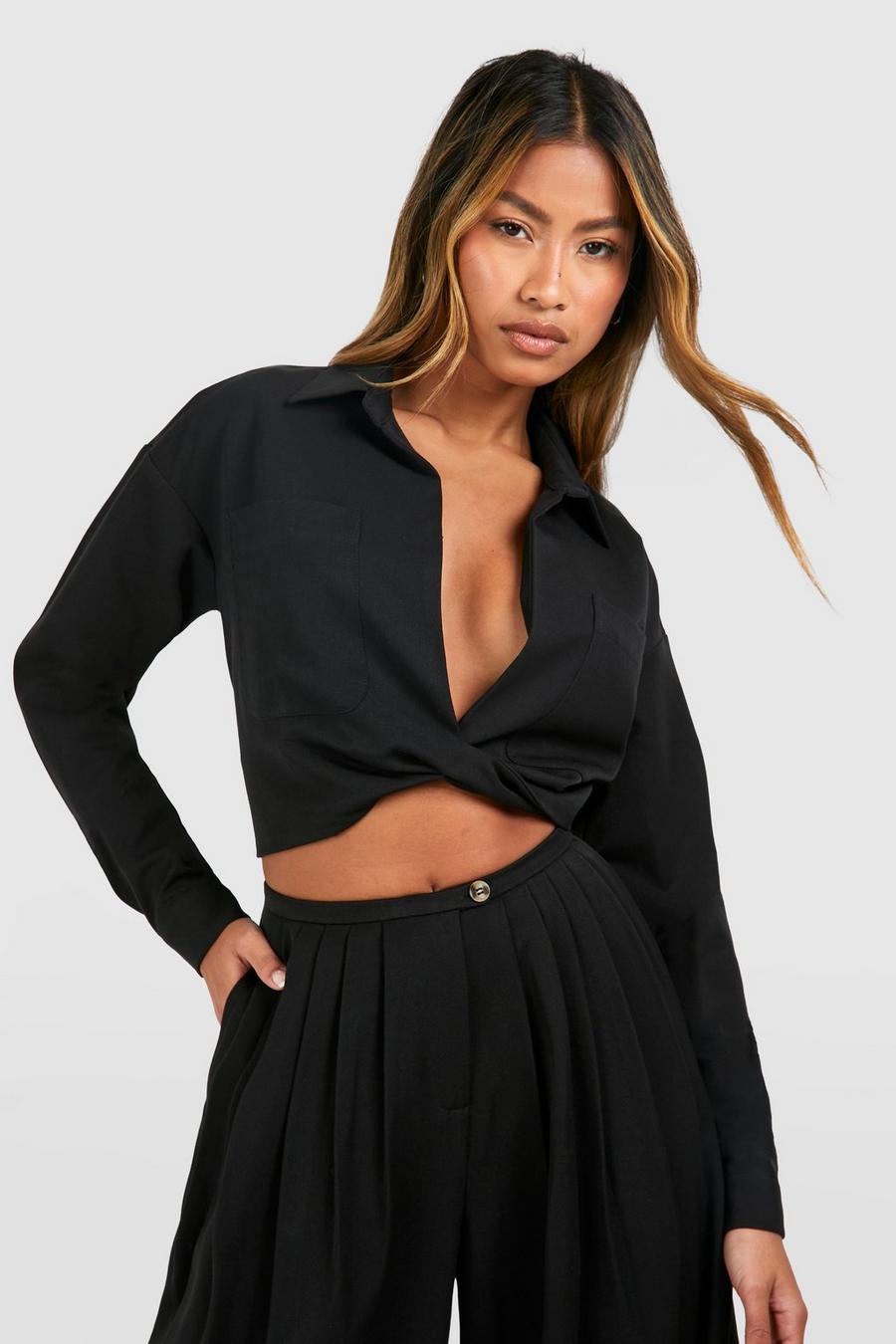 Black Linen Look Relaxed Fit Twist Front Shirt
