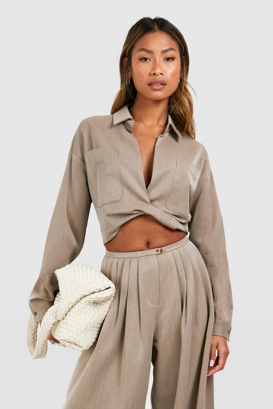 Taupe Baggy Gedraaide Linnen Look Blouse