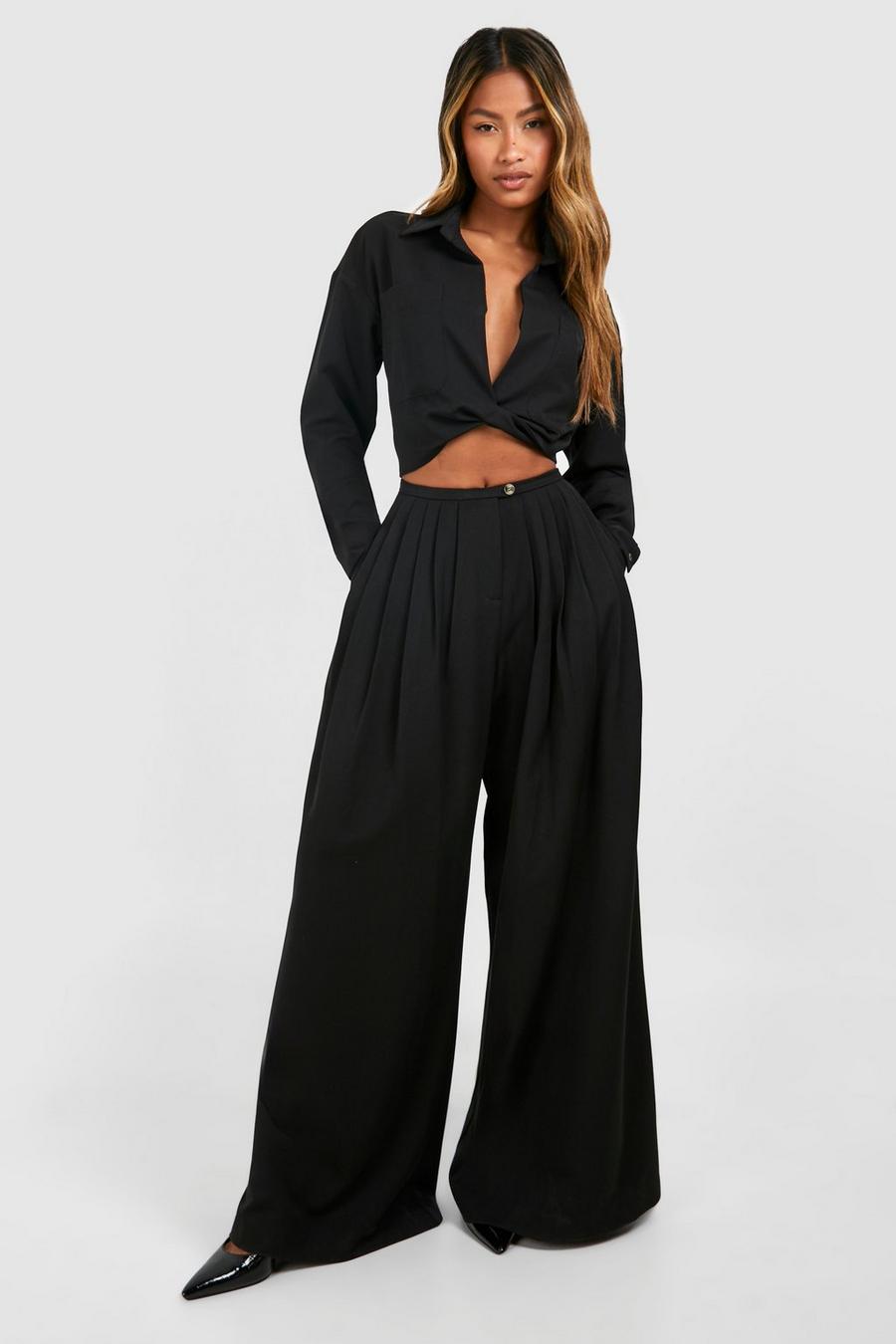 Pantalon large plissé taille basse effet lin, Black